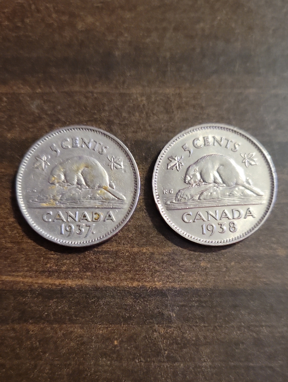 Vintage Canadian 5 Cent 1937 Dot & 1938 Nickel Coins - Collectible Beavers